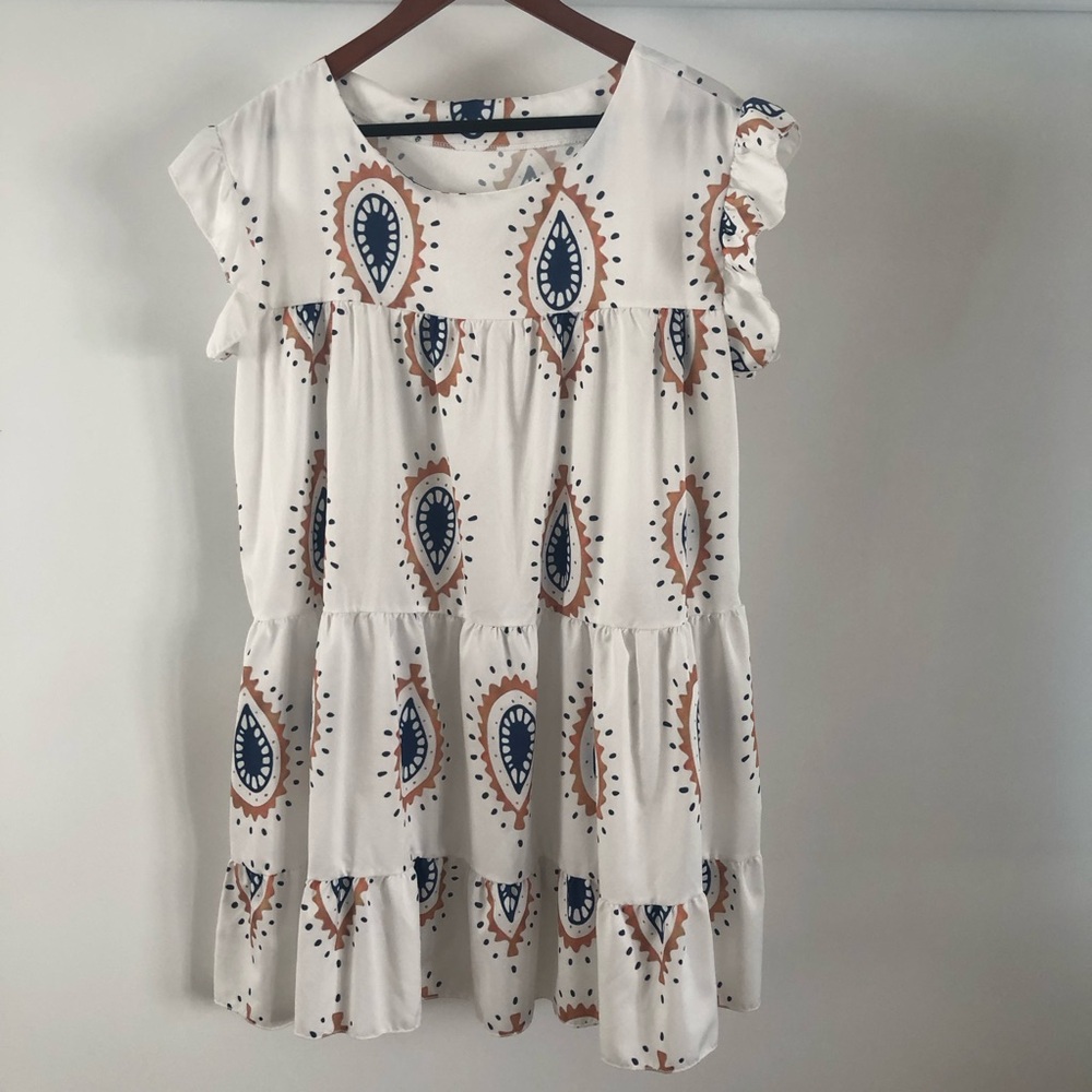 White and Blue Paisley-like Patterned Women's Dress